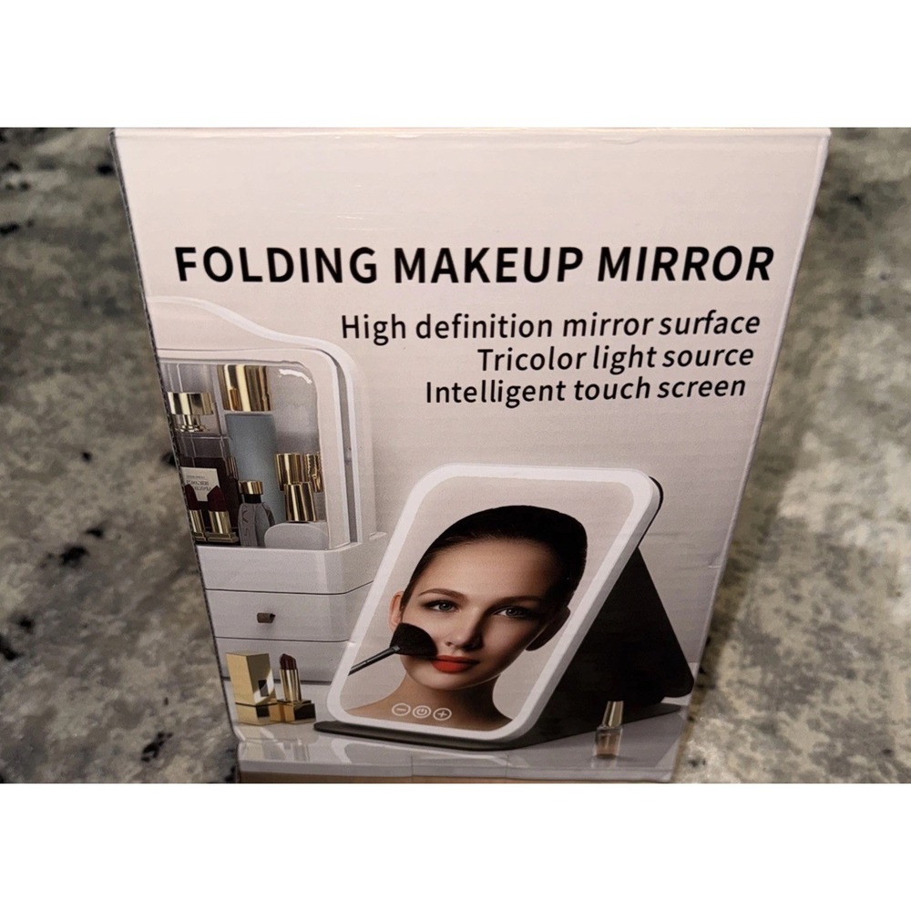 Portable Rechargeable LED Makeup Mirror Foldable Lighted Vanity Mirror Tri Color